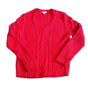 Vintage St.John's Bay Petite Red Cable Knit V-neck Long Sleeve Sweater Large